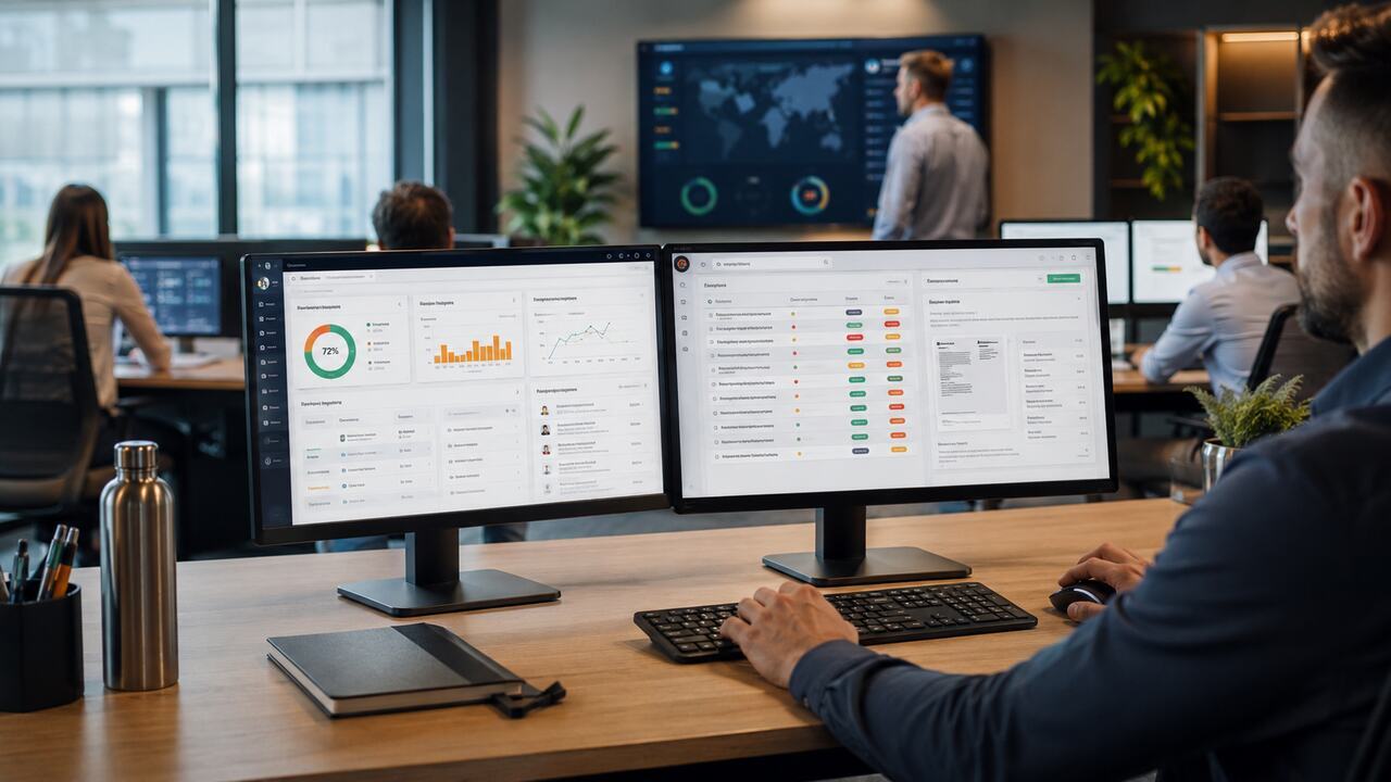 Escritório com profissionais em mesas e dashboards exibindo métricas e status coloridos, ambiente colaborativo, ilustrando como contratar uma empresa especializada em gestão de terceiros.