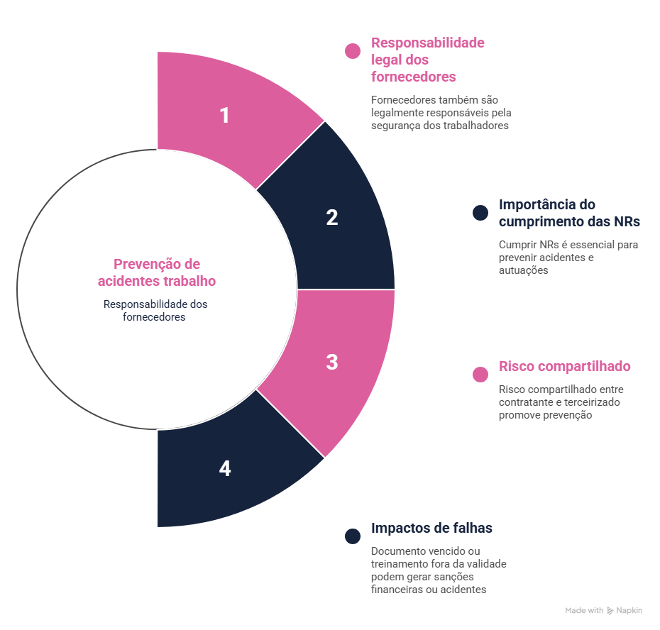 Gráfico circular destaca prevenção de acidentes trabalho, mostrando responsabilidades legais, cumprimento das NRs, riscos compartilhados e impactos de falhas.