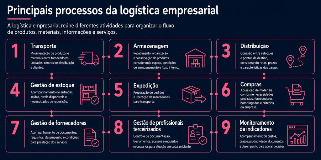 Infográfico destaca processos da logística empresarial como transporte, estoque, compras e indicadores em gestão integrada.