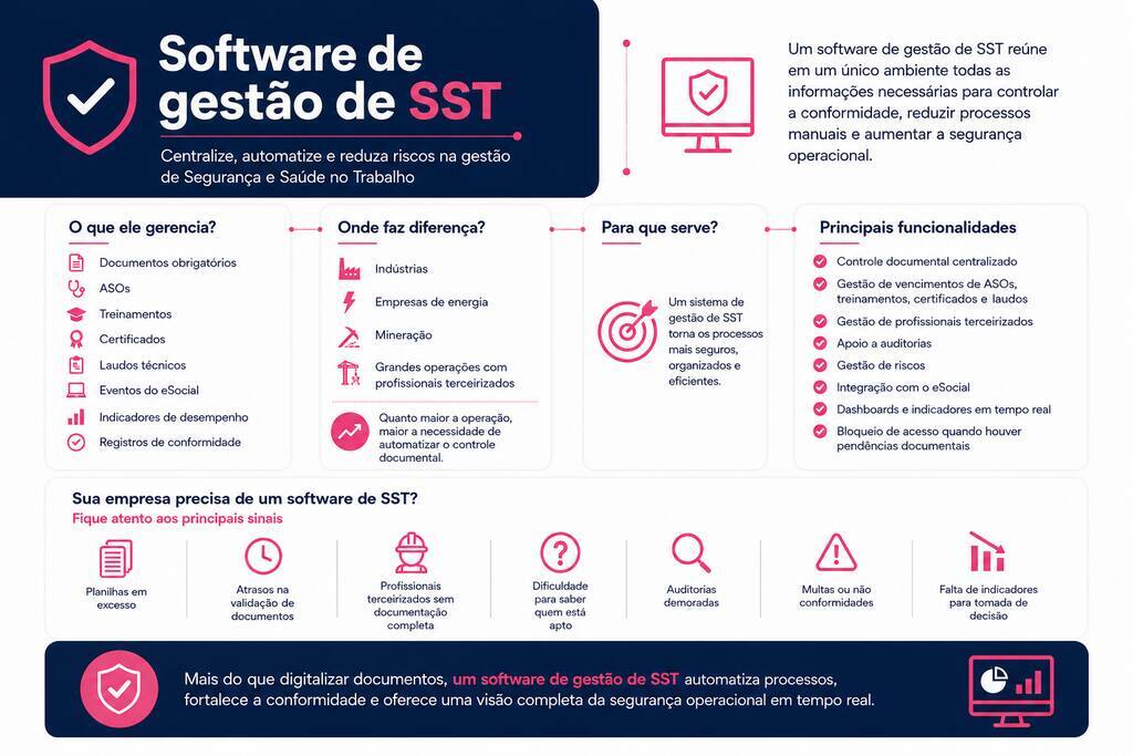 Infográfico destaca funcionalidades e benefícios do software de gestão de SST para automatizar processos e reduzir riscos.