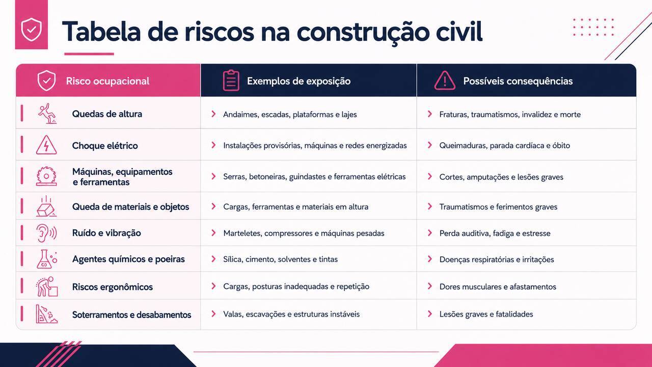 Tabela de riscos na construção civil lista perigos, exemplos e consequências, trabalhadores expostos diariamente, reforçando importância de atentar-se aos riscos ocupacionais na construção civil.