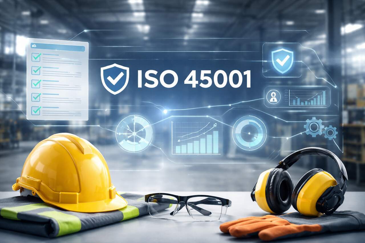 Equipamentos de proteção industrial com destaque para iso 45001, simbolizando segurança ocupacional, conformidade normativa e gestão eficaz de riscos.