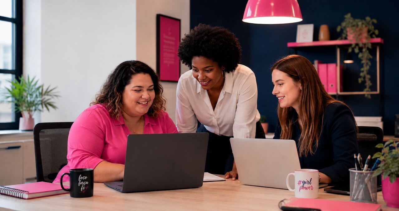 Três pessoas colaboram em escritório criativo, laptops e canecas motivacionais, ambiente profissional reforça impacto positivo da automação de relatórios.