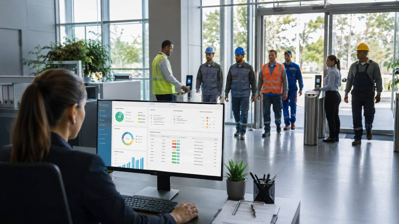 Escritório com profissionais em mesas e dashboards exibindo métricas e status coloridos, ambiente colaborativo que mostra como contratar uma empresa especializada em gestão de terceiros.