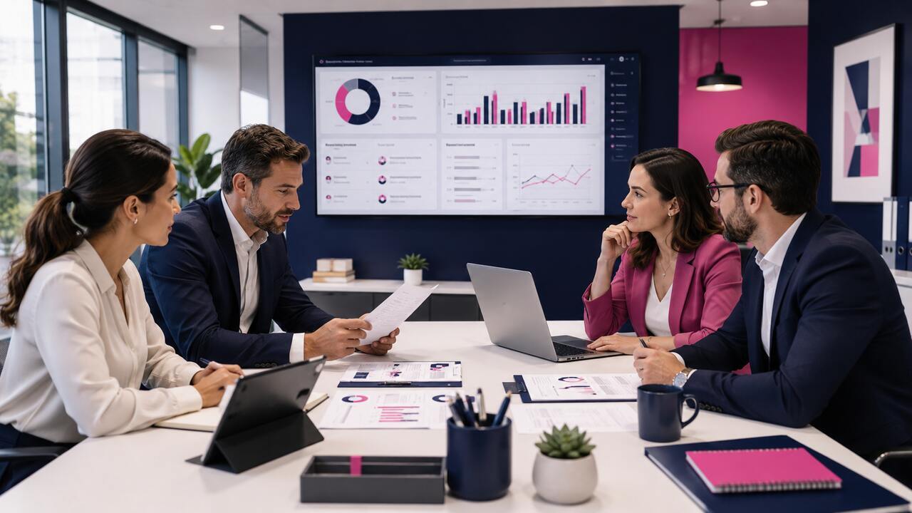 Profissionais discutem dados visuais em reunião moderna sobre como garantir a conformidade legal na gestão de terceiros, fortalecendo governança corporativa.