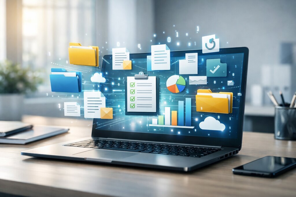 Laptop moderno em mesa com ícones digitais flutuantes, representando documentos SST, nuvem, gráficos e gestão eficiente de dados.