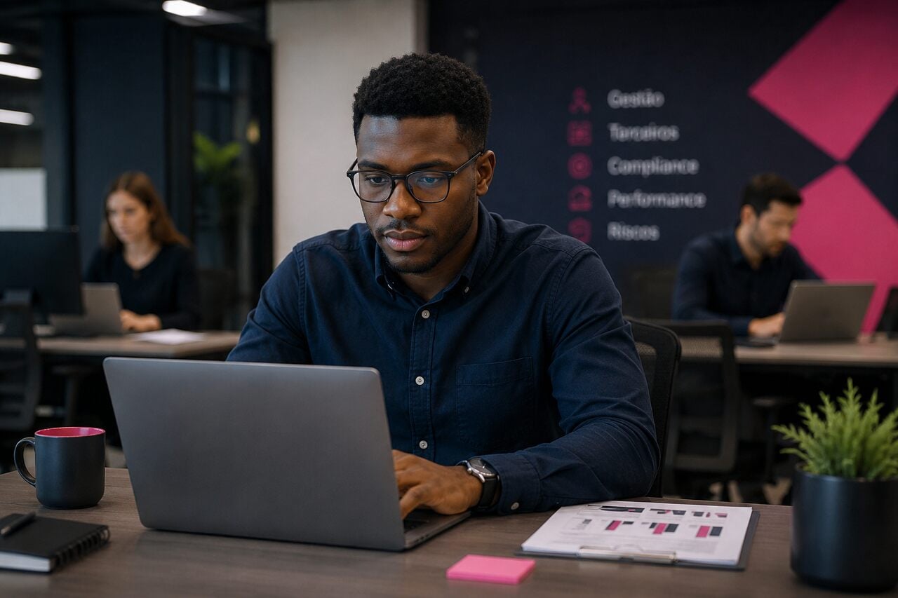 Ambiente corporativo com profissionais analisando dados em laptops, representando produtividade e uso de ferramentas automatizadas para gestão de fornecedores.