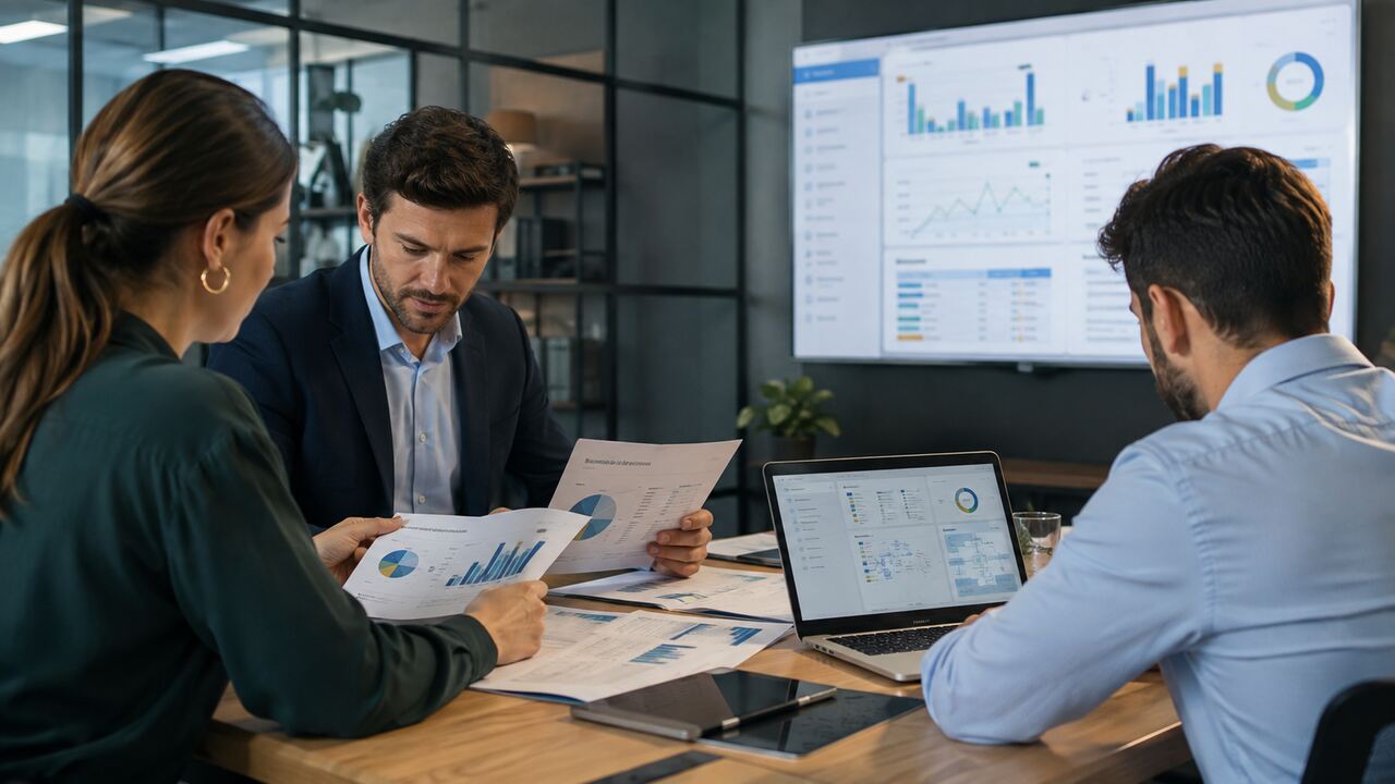 Profissionais analisam gráficos em reunião de gestão de compras, discutindo métricas financeiras e decisões estratégicas.