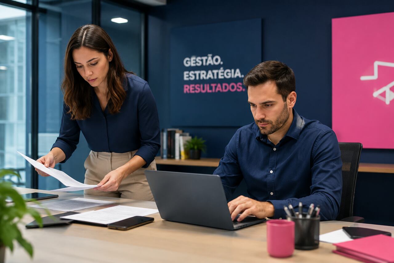 Profissionais analisam documentos e indicadores para otimizar a gestão de prestação de serviços corporativos.
