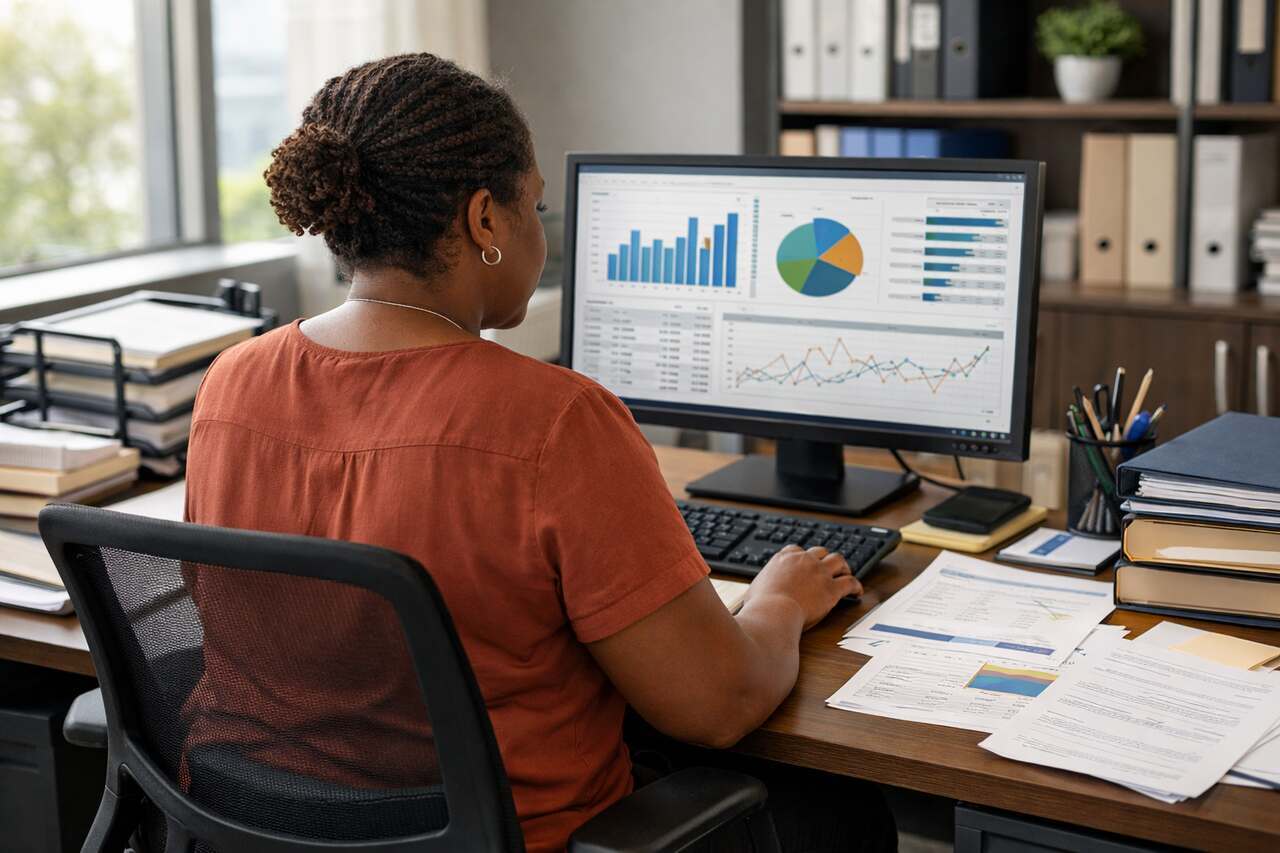 Pessoa em escritório analisando gráficos e relatórios no computador, representando gestão estratégica de fornecedores e contratos com dados.