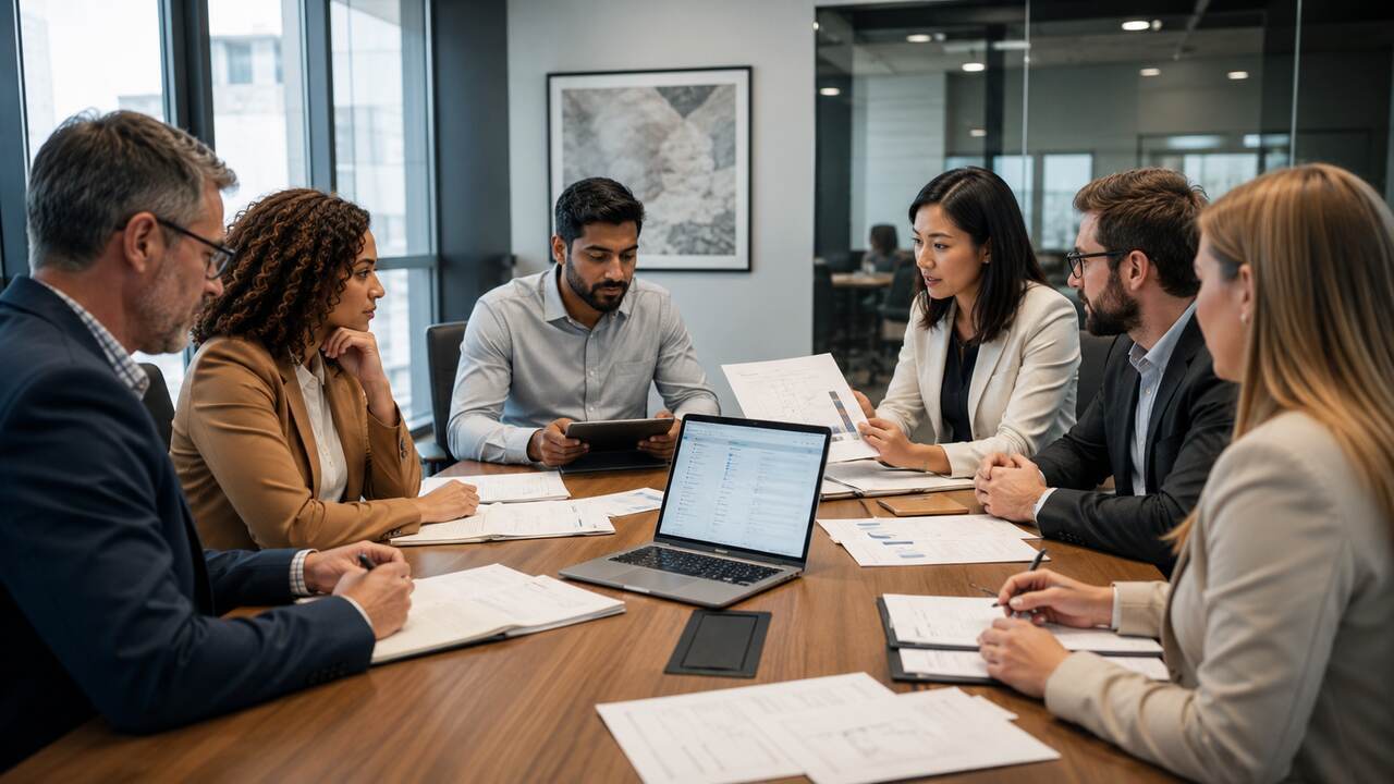 Seis profissionais em reunião discutem dados e estratégias relacionados à homologação de fornecedores, analisando documentos, gráficos e planilhas em escritório moderno.