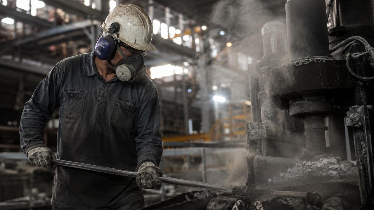 Operário com máscara e capacete opera máquina pesada em fábrica, ambiente seguro lembrando que ltcat é obrigatório.