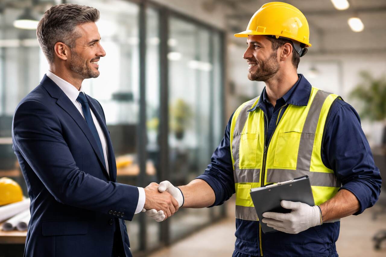 Dois profissionais apertam as mãos em ambiente industrial, simbolizando parceria, confiança e colaboração, refletindo o que é gestão de terceiros.