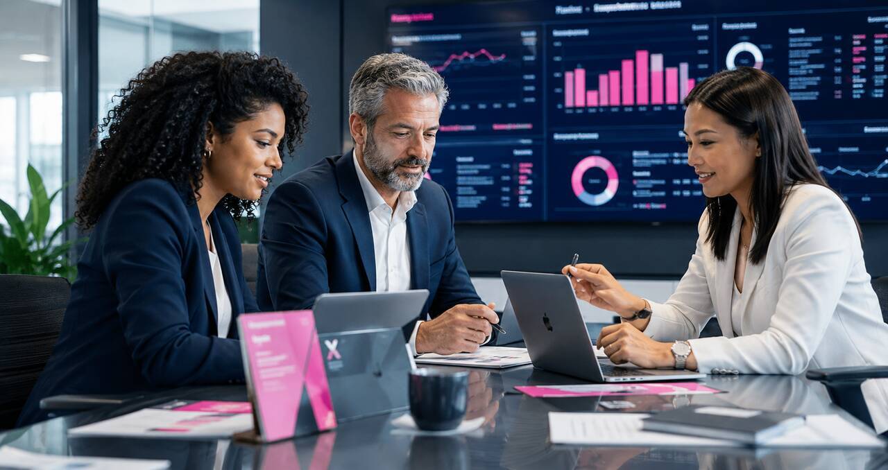 Três profissionais em reunião corporativa analisam gráficos digitais em tela, discutindo estratégias financeiras e riscos de passivo trabalhista na terceirização.