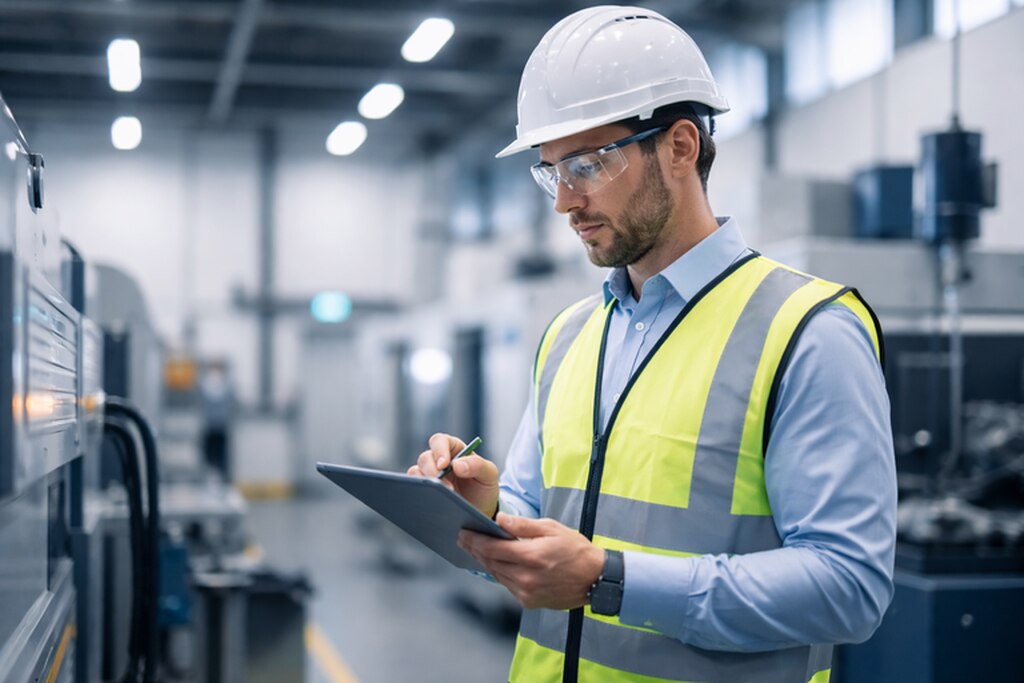 Pessoa com capacete, óculos e colete refletivo registra inspeção industrial, destacando prevenção de acidentes trabalho e segurança ocupacional.