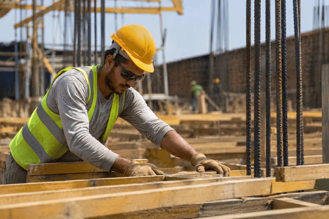 Trabalhador com capacete, óculos e colete refletivo manuseia madeira em obra, cenário reforça riscos ocupacionais na construção civil.