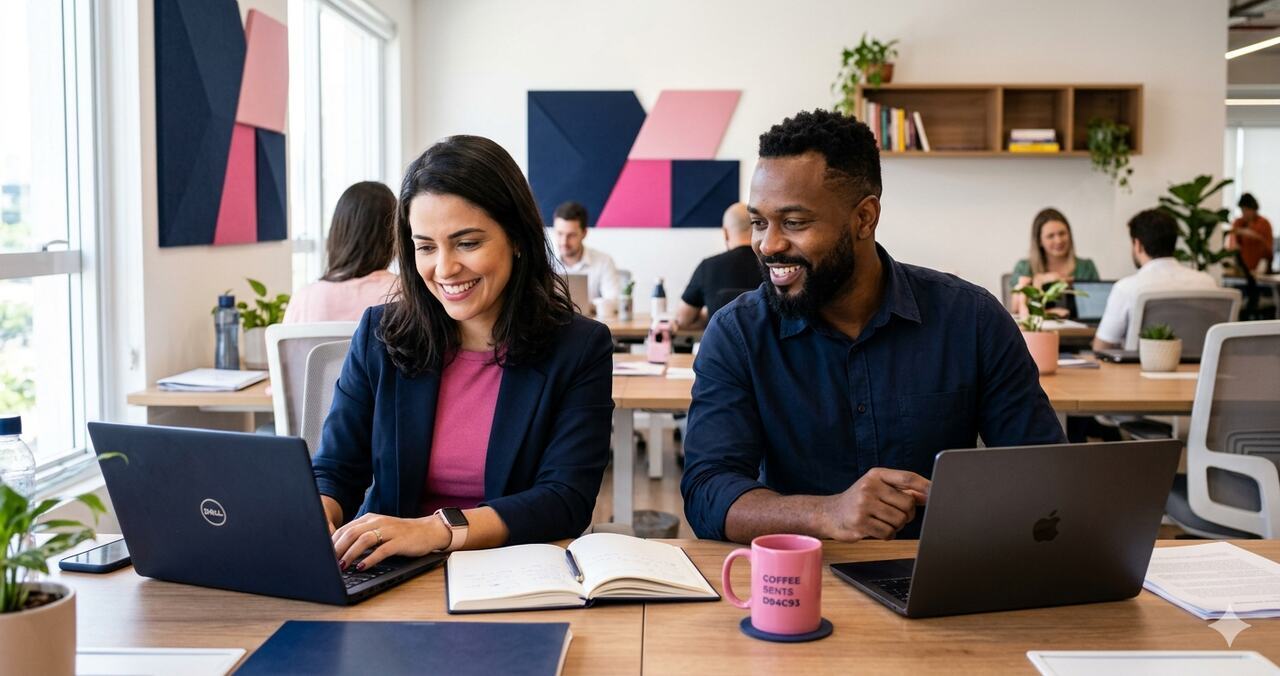 Ambiente de escritório colaborativo com laptops, pessoas trabalhando juntas, café e decoração, ilustrando a identificação de riscos psicossociais no trabalho em equipe.