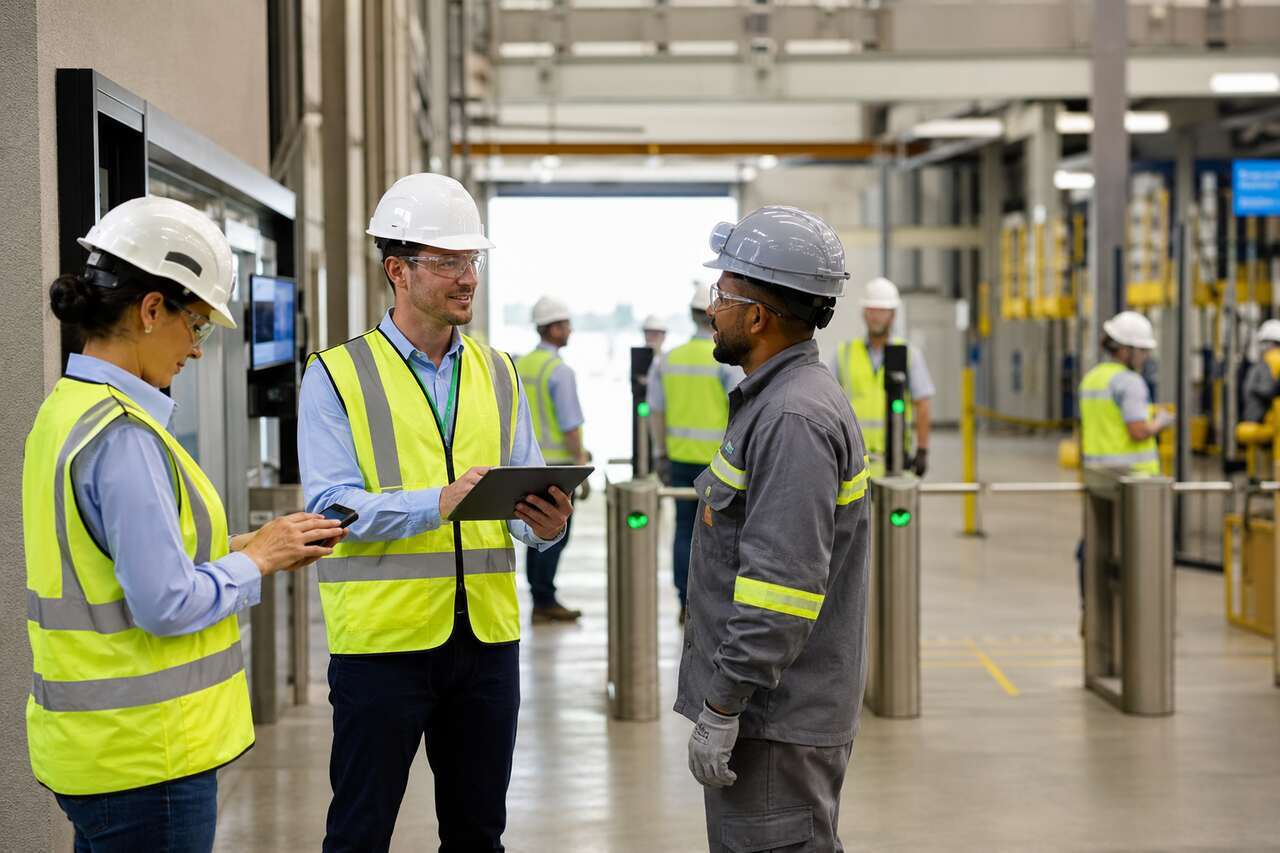 Grupo de trabalhadores com EPIs em fábrica, usando tecnologia para segurança e eficiência com software de gestão de SST.