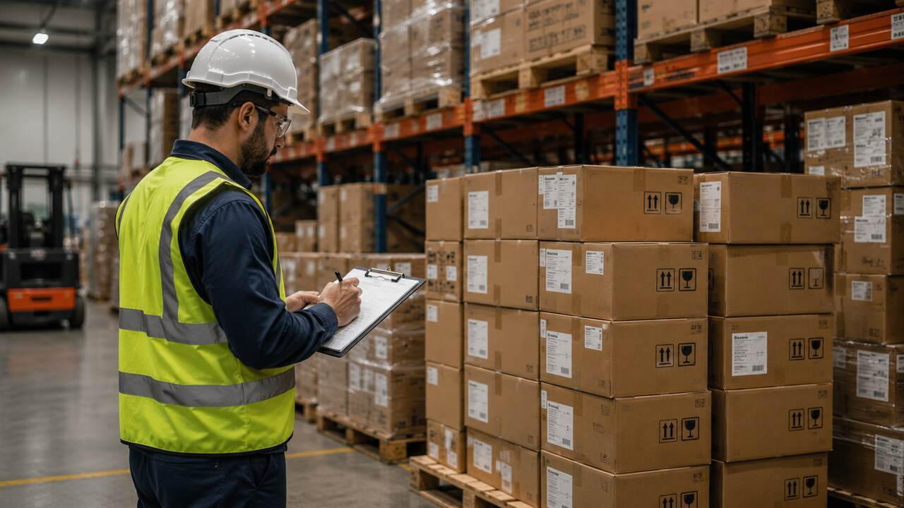 Trabalhador com colete e capacete anota em clipboard dentro de armazém organizado, ilustrando supply chain, estoque, transporte e logística industrial.